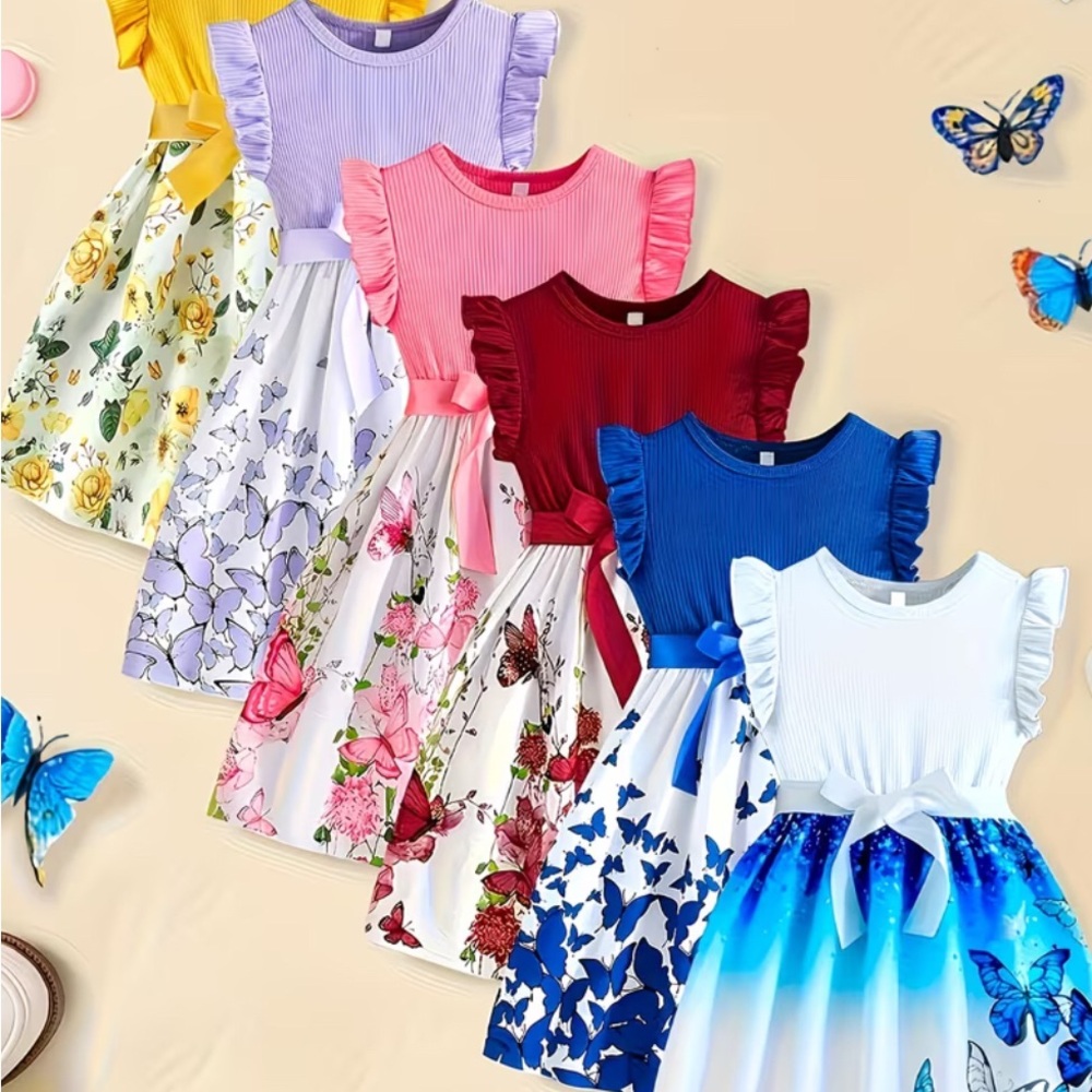 Flutter Sleeve Kids Dress Set - Multicolor